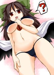 Rule 34 | 1girl, ?, alternate costume, arm at side, arm between breasts, bad id, bad pixiv id, bare arms, bare legs, bare shoulders, between breasts, bikini, black bikini, black wings, bow, breasts, brown hair, cape, feathered wings, finger to mouth, from below, gradient background, green ribbon, groin, hair bow, large breasts, long hair, looking at viewer, messy hair, navel, red eyes, reiuji utsuho, ribbon, solo, stomach, swimsuit, thighs, touhou, underboob, wings, zetsumame