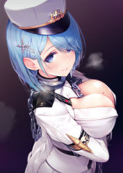 Rule 34 | 1girl, armband, azumi akitake, azur lane, between breasts, blue eyes, blue hair, blush, breast hold, breasts, breath, chain, chapayev (azur lane), cleavage, closed mouth, collar, commentary request, gradient background, hair ornament, hairclip, hat, highres, jacket, large breasts, long sleeves, military, military jacket, military uniform, mole, mole on breast, peaked cap, purple background, short hair, smile, solo, sweat, uniform, upper body, white hat, white jacket