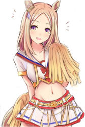 Rule 34 | 1girl, animal ears, belt, blonde hair, cheerleader, commentary request, contrapposto, cowboy shot, crop top, hand up, horse ears, light blush, looking at viewer, medium hair, midriff, multicolored clothes, multicolored skirt, nannacy7, narita top road (umamusume), navel, nice nature (run&amp;win) (umamusume), open mouth, pom pom (cheerleading), purple eyes, shirt, short sleeves, simple background, skirt, solo, umamusume, white background, white shirt, white skirt
