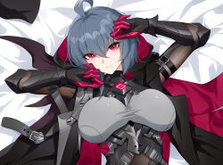 Rule 34 | 1girl, absurdres, ahoge, armor, armored bodysuit, arms up, asymmetrical hair, bed sheet, belt, belt buckle, black belt, black bodysuit, black cloak, black gloves, bodysuit, breasts, buckle, chinese commentary, clawed gauntlets, cloak, closed mouth, eyeliner, eyes visible through hair, eyeshadow, gloves, grey belt, grey hair, hair between eyes, highres, honkai (series), honkai impact 3rd, hood, hood down, large breasts, looking at viewer, loose belt, lying, makeup, mole, mole under mouth, on back, on bed, raven (honkai impact), red eyeliner, red eyes, red eyeshadow, red hood, shiny clothes, shirt, short hair, slit pupils, taut clothes, taut shirt, two-sided cloak, two-sided fabric, upper body, wu ganlan cai