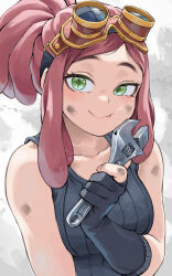 Rule 34 | 1girl, absurdres, bare shoulders, black gloves, boku no hero academia, breasts, bruise, crosshair pupils, fengling (furin-jp), gloves, goggles, goggles on head, hatsume mei, highres, holding, holding wrench, injury, large breasts, long hair, looking at viewer, medium hair, pink hair, smile, solo, symbol-shaped pupils, tank top, wrench, yellow eyes