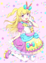 Rule 34 | 1girl, :d, animal ears, blonde hair, blue bow, blush, bow, commentary request, dress, frilled dress, frills, full body, gloves, hair bow, hand on own cheek, hand on own face, hand up, idol clothes, idol time pripara, kneeling, long hair, looking at viewer, open mouth, pantyhose, pretty series, pripara, puffy short sleeves, puffy sleeves, purple dress, purple eyes, purple footwear, rabbit ears, ringlets, shoes, short sleeves, smile, solo, two side up, unya (unya-unya), white gloves, white pantyhose, yumekawa yui