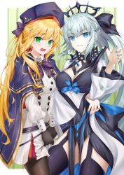 Rule 34 | 2girls, absurdres, artoria caster (fate), artoria caster (second ascension) (fate), artoria pendragon (fate), beret, black dress, black gloves, blonde hair, blue cloak, blue eyes, blush, bow, breasts, buttons, choker, clenched teeth, cloak, collar, collarbone, collared shirt, crown, dress, fate/grand order, fate (series), gloves, gold trim, green eyes, grey hair, grin, hair between eyes, hair bow, hand up, hat, highres, holding, large breasts, long hair, long sleeves, looking at viewer, mini crown, morgan le fay (fate), multicolored clothes, multicolored dress, multiple girls, open clothes, open dress, open mouth, pantyhose, purple bow, shirt, short dress, simple background, skirt, small breasts, smile, spiked choker, spikes, teeth, thighhighs, tongue, upper teeth only, user xjse7283, very long hair, white shirt, white skirt, yuri