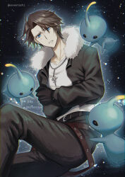 Rule 34 | 1boy, 3others, absurdres, alien, belt, black gloves, black jacket, black pants, blue eyes, brown hair, collarbone, commentary, cropped jacket, crossed arms, eeveetachi, feet out of frame, final fantasy, final fantasy viii, fur-trimmed jacket, fur trim, gloves, highres, jacket, jewelry, knee up, light particles, looking at viewer, multiple others, necklace, pants, parted lips, pupu (ff8), scar, scar on face, scar on forehead, shirt, short hair, sitting, squall leonhart, sweatdrop, twitter username, v-neck, white shirt