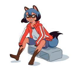 Rule 34 | 1girl, absurdres, animal ears, barefoot, body fur, brand new animal, color trace, furry, furry female, highres, jacket, kagemori michiru, multicolored eyes, raccoon ears, raccoon girl, raccoon tail, red jacket, red track suit, self-upload, shorts, solo, tail, tanuki
