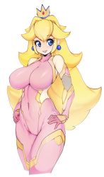 Rule 34 | 1girl, absurdres, bad id, bad twitter id, bare shoulders, blonde hair, blue eyes, blush, bodysuit, breasts, covered navel, crown, curvy, earrings, elbow gloves, female focus, fishnets, gloves, hand on own hip, highres, jewelry, large breasts, legs together, lips, long hair, looking at viewer, looking to the side, mario (series), nintendo, parted lips, pink bodysuit, princess peach, shiny clothes, shiny skin, simple background, skin tight, slugbox, smile, solo, standing, taimanin (series), taimanin asagi, taimanin suit, teeth, upper body, very long hair, white background