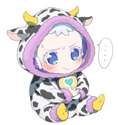 Rule 34 | ..., 1girl, animal costume, animal ears, animal print, baby, blue eyes, blue hair, blush, closed mouth, colored eyelashes, commentary request, cow costume, cow ears, cow horns, cow print, fake animal ears, fake horns, fur-trimmed hood, fur trim, furrowed brow, headphones, heart, hood, hood up, horns, janis (pripara), long sleeves, looking at viewer, moudoku (decopon3rd), nervous, own hands together, pretty series, pripara, short hair, sitting, socks, solo, speech bubble, spoken ellipsis, sweatdrop, white background, yellow socks