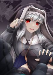 Rule 34 | 1girl, 1other, arknights, black coat, black dress, black gloves, black jacket, black thighhighs, breasts, check commentary, coat, commentary request, doctor (arknights), dress, engawa (organic sushi), gloves, grey hair, grey nails, habit, highres, holding hands, hood, hooded jacket, jacket, jewelry, large breasts, long sleeves, nail polish, nun, red eyes, sharp teeth, smile, specter (arknights), teeth, thighhighs, upper teeth only