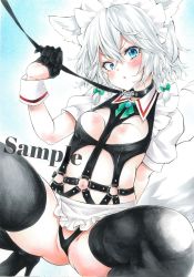 Rule 34 | 1girl, arim0k0, ass, black gloves, black thighhighs, blue eyes, braid, breasts, cleavage, closed mouth, collar, corrupted twitter file, gloves, grey hair, groin, high heels, highres, izayoi sakuya, leash, looking at viewer, maid headdress, medium breasts, medium hair, navel, parted lips, sample watermark, side braids, solo, squatting, thighhighs, touhou, traditional media, twin braids, watermark