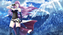 Rule 34 | 10s, 1girl, 2015, achikoako, black gloves, black panties, black thighhighs, blue eyes, breasts, cleavage, dated, fingerless gloves, gloves, holding, holding sword, holding weapon, large breasts, long hair, looking at viewer, megurine luka, outdoors, panties, purple hair, signature, solo, sword, thighhighs, underwear, vocaloid, weapon