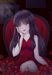 1girl absurdres ari-san black_eyes black_hair breasts crossed_legs dress flower head_tilt highres indoors kawakami_tomie lipstick long_hair looking_at_viewer makeup medium_breasts mole mole_under_eye on_chair red_dress red_lips sitting smile spider_lily tomie