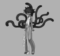 Rule 34 | 1boy, animal ears, cat ears, cat tail, closed mouth, dark skin, fish, full body, grey background, greyscale, highres, holding, looking at viewer, male focus, monochrome, multiple tails, original, shima (wansyon144), shoes, simple background, slit pupils, solo, tail