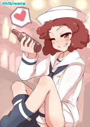 Rule 34 | bar (place), beer bottle, blouse, blue neckerchief, blue socks, blurry, blurry background, blush stickers, bottle, commentary, curly hair, dixie cup hat, girls und panzer, grin, half-closed eye, hat, heart, highres, holding, holding bottle, indoors, kibimoka, long sleeves, loose socks, military hat, miniskirt, neckerchief, one-hour drawing challenge, one eye closed, ooarai naval school uniform, pleated skirt, print socks, red eyes, red hair, rum (girls und panzer), sailor, sailor collar, school uniform, shirt, short hair, single horizontal stripe, skirt, smile, socks, solo, spoken heart, white hat, white shirt, white skirt