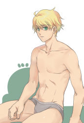 Rule 34 | 1boy, arthur pendragon (fate), bad id, bad pixiv id, blonde hair, briefs, chocolateonly, fate/prototype, fate (series), green eyes, grey male underwear, male focus, male underwear, simple background, solo, topless male, underwear