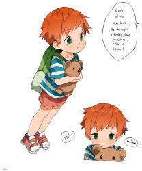Rule 34 | 1boy, backpack, bag, bullying, child, english text, freckles, highres, hugging object, male focus, nemui (nemuriyagi), orange hair, original, shirt, shoes, shorts, simple background, solo, striped clothes, striped shirt, stuffed animal, stuffed toy, tears, teddy bear, white background