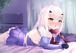 Rule 34 | 1girl, breasts, brown eyes, melusine (fate), fate/grand order, fate (series), forked eyebrows, gmkj, long hair, looking at viewer, lying, on bed, on stomach, sidelocks, small breasts, thighs, white hair