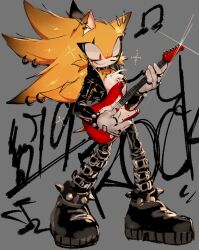 Rule 34 | animal ears, blonde hair, boots, bracelet, collar, ear piercing, electric guitar, guitar, highres, instrument, jacket, jewelry, leather, leather jacket, music, piercing, playing instrument, red eyes, sonic (series), sonic the hedgehog, spiked bracelet, spiked collar, spiked hair, spikes, super sonic, usa37107692, yellow fur