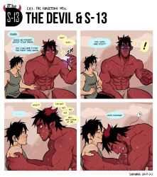 Rule 34 | !, 2boys, 4koma, abs, absurdres, bara, beard, black hair, chest hair, comic, copyright notice, demon, demon horns, dominique (the devil and s-13), ear piercing, english text, facial hair, fundoshi, green tank top, highres, horns, japanese clothes, leaning on person, male focus, multiple boys, pectorals, piercing, short hair, sideburns, sound effects, square 4koma, steen (the devil and s-13), suyohara, sweatdrop, tank top, the devil and s-13, underwear, underwear only, worried, yaoi