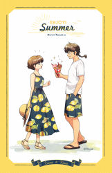 Rule 34 | 1boy, 1girl, black dress, black footwear, black hair, blue shorts, bob cut, braid, braided ponytail, brown footwear, brown hair, brown headwear, character name, commentary, dress, earrings, english text, from side, grin, hand in pocket, hat, unworn hat, unworn headwear, heel up, highres, holding, holding clothes, holding hat, ice cream cone, jewelry, kdc (tamaco333), lemon print, looking at another, medium hair, notice lines, open mouth, print dress, print shorts, ranma 1/2, romaji text, sandals, saotome ranma, shirt, short hair, shorts, single braid, smile, spaghetti strap, sparkle, standing, sun hat, sundress, t-shirt, twitter username, white shirt