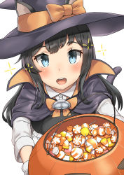 Rule 34 | 1girl, absurdres, animal ears, asashio (kancolle), bad id, bad pixiv id, belt, black hair, blue eyes, candy, cape, cat ears, cat tail, collared shirt, dress, fake animal ears, fake tail, food, from above, gloves, halloween, halloween costume, hat, highres, kantai collection, lollipop, long hair, long sleeves, looking at viewer, looking up, neck ribbon, official alternate costume, open mouth, orange ribbon, osananajimi neko, pinafore dress, pleated skirt, pumpkin, red ribbon, ribbon, school uniform, shirt, skirt, sleeveless, sleeveless dress, smile, solo, sparkle, swirl lollipop, tail, white background, white gloves, white shirt, witch hat
