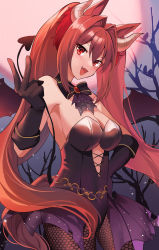 Rule 34 | absurdres, akitsuki (oenothera), animal ears, bare shoulders, black gloves, black legwear, breasts, brown hair, cleavage, clothing cutout, commentary request, covered navel, cowboy shot, cutout above navel, daiwa scarlet (umamusume), demon tail, fang, gloves, hair intakes, hand on own hip, highres, holding tail, horns, horse ears, horse girl, horse tail, large breasts, leotard, long hair, looking at viewer, open mouth, purple leotard, tail, twintails, umamusume, v, wings