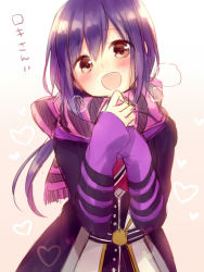 Rule 34 | 10s, 1girl, amane kurumi, blush, female focus, gradient background, heart, kamigami no asobi, long hair, looking at viewer, open mouth, purple hair, smile, solo, white background
