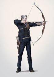Rule 34 | 1boy, aiming, arms up, arrow (projectile), artist name, belt, black jacket, black pants, black vest, blue necktie, bow (weapon), brown footwear, closed mouth, drawing bow, formal, full body, grey background, grey hair, highres, holding, holding bow (weapon), holding weapon, jacket, jane mere, legs apart, long sleeves, looking to the side, male focus, manly, muneate, necktie, open clothes, open jacket, original, pants, profile, quiver, shoes, solo, standing, suit, unbuttoned, vest, weapon