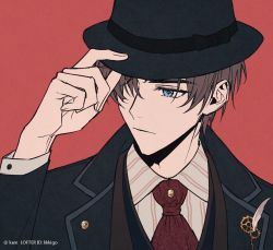 Rule 34 | 1boy, artem wing (tears of themis), black jacket, blue eyes, brown hair, closed mouth, collared shirt, formal, hat, holding, holding clothes, holding hat, jacket, kaicggo, male focus, necktie, red background, red necktie, shirt, simple background, solo, tears of themis, upper body, white shirt