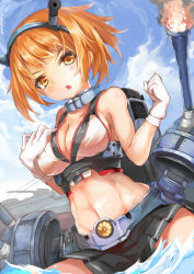 Rule 34 | 10s, 1girl, bare arms, bare shoulders, blue sky, blush, breasts, brown eyes, brown hair, cannon, cleavage, cloud, crop top, day, firing, gloves, headgear, kantai collection, looking at viewer, medium breasts, midriff, mutsu (battleship), mutsu (kancolle), navel, open mouth, skirt, sky, solo, umagenzin, water, white gloves