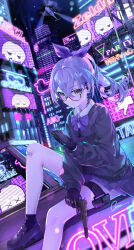 Rule 34 | 1girl, absurdres, aircraft, alternate costume, bandaid, bandaid on knee, bandaid on leg, bespectacled, billboard, black footwear, black gloves, black socks, black sweater, bow, bowtie, building, cellphone, city, city lights, closed mouth, collared shirt, commentary request, crossed bangs, drill hair, drill ponytail, earpiece, foot out of frame, geez, glasses, gloves, grey eyes, grey hair, gun, hair between eyes, hair intakes, hair ribbon, handgun, helicopter, highres, holding, holding gun, holding phone, holding weapon, holster, honkai: star rail, honkai (series), loafers, long sleeves, looking at viewer, miniskirt, night, outdoors, phone, ponytail, purple bow, purple bowtie, purple ribbon, purple skirt, ribbon, shirt, shoes, signature, silver wolf (honkai: star rail), sitting, skirt, smartphone, socks, solo, suppressor, sweater, thigh holster, weapon, white shirt