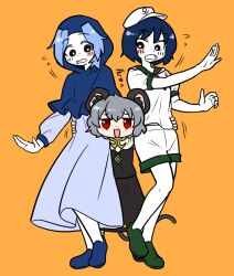 Rule 34 | 3girls, anchor symbol, animal ears, black eyes, blue dress, blue footwear, blue hair, blue hood, blush, bright pupils, bseibutsu, colored skin, commentary request, cookie (touhou), crystal, dress, flour (cookie), full body, green footwear, grey hair, grey skirt, grey vest, hat, hood, hood up, jewelry, kumoi ichirin, long sleeves, looking at another, looking at viewer, medium bangs, milk (cookie), mouse ears, mouse girl, mouse tail, multiple girls, murasa minamitsu, nazrin, neckerchief, nyon (cookie), open mouth, orange background, pendant, red eyes, red neckerchief, sailor collar, sailor hat, sailor shirt, shirt, shoes, short hair, shorts, simple background, skirt, skirt set, smile, standing, tail, touhou, vest, white pupils, white shirt, white shorts, white skin
