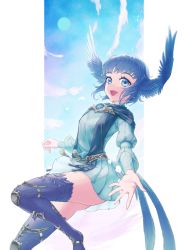 Rule 34 | 1girl, :d, animal feet, bird girl, bird legs, bird tail, bird wings, blue dress, blue eyes, blue hair, blue pupils, blue sky, blue wings, brooch, cloud, colored eyelashes, day, dress, feathered wings, feathers, final fantasy, final fantasy xiv, harpy, head wings, highres, jewelry, light particles, long sleeves, meteion, monster girl, open mouth, petals, pleated dress, short dress, short hair, sky, smile, solo, star (sky), starry sky, sun, tail, tassel, u (dpn), wings