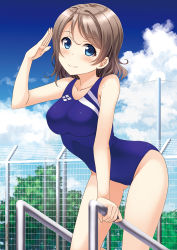 Rule 34 | 10s, 1girl, blue eyes, blue one-piece swimsuit, breasts, brown hair, competition swimsuit, fence, hino minato (spec.c), leaning forward, love live!, love live! sunshine!!, medium breasts, one-piece swimsuit, pool ladder, salute, short hair, solo, swimsuit, watanabe you