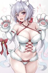 Rule 34 | 1girl, ahoge, animal ear fluff, animal ears, animal hands, bare shoulders, bell, bikini, blush, bow, breasts, cat ears, cat girl, cat tail, cleavage, collarbone, corset, cowboy shot, criss-cross halter, elbow gloves, fang, fur-trimmed bikini, fur trim, gloves, gluteal fold, grey hair, halterneck, highres, jingle bell, kemonomimi mode, large breasts, long hair, looking at viewer, low twintails, open mouth, paw gloves, purple eyes, r-binon, red bow, senki zesshou symphogear, simple background, skin fang, solo, star (symbol), swimsuit, tail, tail bow, tail ornament, thigh gap, twintails, v-shaped eyebrows, very long hair, white background, white bikini, yukine chris