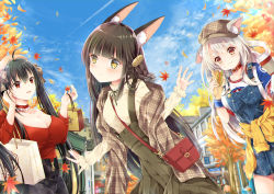 Rule 34 | 3girls, :d, ahoge, alternate costume, animal ears, autumn, autumn leaves, azur lane, bag, belt, black hair, blue sky, braid, breasts, brown eyes, building, casual, choker, cleavage, coffee cup, commentary request, contemporary, cup, disposable cup, dog ears, eating, food, food on face, fox ears, hair ornament, handbag, hat, highres, holding, leaning forward, long hair, looking at viewer, maya (tirolpop), multiple girls, nagato (azur lane), belt collar, open mouth, red eyes, shopping bag, single braid, skirt, sky, smile, suspender skirt, suspenders, taihou (azur lane), tree, twintails, white hair, yellow eyes, yuudachi (azur lane)