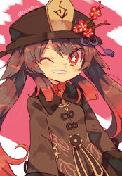 Rule 34 | 1girl, black hat, black nails, black shorts, bright pupils, brown coat, brown hair, chinese clothes, closed mouth, coat, coattails, feet out of frame, flower, flower-shaped pupils, genshin impact, grey background, hair between eyes, hat, hat flower, hat ornament, hat tassel, highres, hu tao (genshin impact), jewelry, long hair, long sleeves, looking at viewer, multiple rings, one eye closed, plum blossoms, porkpie hat, red eyes, red shirt, ring, shirt, short shorts, shorts, simple background, smile, socks, solo, standing, symbol-shaped pupils, thighs, tokuura, tongue, tongue out, twintails, very long hair, white pupils, wide sleeves