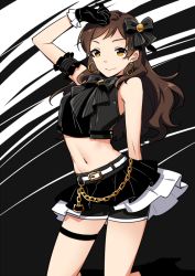 Rule 34 | 1girl, arched back, arm behind back, arm strap, arm up, belt, belt buckle, black background, black bow, black footwear, black gloves, black shorts, bow, brown hair, buckle, closed mouth, crop top, earrings, frilled gloves, frills, gloves, hair bow, idolmaster, idolmaster million live!, idolmaster million live! theater days, jewelry, kitazawa shiho, kneeling, long hair, midriff, navel, short shorts, shorts, showgirl skirt, sketch, smile, solo, stomach, striped, striped bow, thigh strap, touon, two-tone background, white background, white belt, yellow eyes