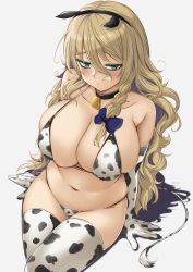 Rule 34 | 1girl, animal ears, animal print, arm support, bell, bikini, blonde hair, blue eyes, blush, bow, braid, breasts, closed mouth, cow print, cow print bikini, cowbell, elbow gloves, fake animal ears, gloves, grey background, hair between eyes, hair bow, highres, large breasts, long hair, looking at viewer, momendoufu, neck bell, original, print bikini, print gloves, print thighhighs, side braid, simple background, sitting, skindentation, solo, swimsuit, thighhighs, white bikini, white thighhighs
