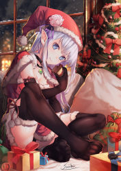 Rule 34 | 10s, 1girl, black gloves, black neckwear, black thighhighs, blue eyes, breasts, capelet, choker, christmas, christmas ornaments, christmas tree, closed mouth, commentary request, crossed legs, elbow gloves, emilia (re:zero), flower, fur-trimmed capelet, fur-trimmed headwear, fur trim, gift, gloves, hat, hat flower, highres, holding, holding gift, indoors, jewelry, long hair, medium breasts, no shoes, purple ribbon, re:zero kara hajimeru isekai seikatsu, red capelet, red ribbon, ribbon, sack, santa costume, santa hat, saraki, silver hair, sitting, smile, snow, solo, thighhighs, white flower, window