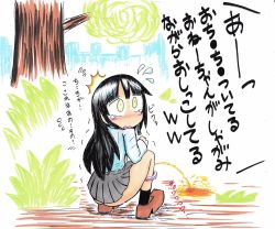 Rule 34 | ambiguous gender, black hair, blush, crossdressing, highres, long hair, marker (medium), mikan1t1, open mouth, original, outdoors, panties around leg, pee arch, peeing, puddle, school uniform, solo, squatting, traditional media, yellow eyes