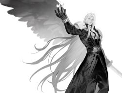 Rule 34 | 1boy, arm up, belt, black belt, black coat, black gloves, black pants, black wings, blue eyes, chest strap, coat, commentary, feathered wings, final fantasy, final fantasy vii, final fantasy vii remake, fire, gloves, hand up, highres, holding, holding sword, holding weapon, katana, light smile, long coat, long hair, male focus, masamune (ff7), monochrome, multiple belts, pants, pyrokinesis, sephiroth, simple background, single wing, slit pupils, solo, spot color, sword, symbol-only commentary, very long hair, weapon, white background, wings, xianyu314