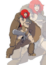 Rule 34 | 1girl, armor, bikini armor, boots, brown gloves, cape, full body, fur, fur cape, gloves, highres, holding, holding weapon, kapitan gege, lipstick, long hair, makeup, navel, open mouth, parted lips, red eyes, red hair, red lips, red sonja, red sonja (comics), sheath, shoulder armor, shoulder plates, simple background, stomach, strap, sword, teeth, weapon, white background