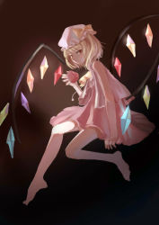 Rule 34 | 1girl, aer (tengqiu), apple, ascot, barefoot, blonde hair, darkness, dress, flandre scarlet, food, fruit, full body, glowing, glowing wings, hat, highres, looking at viewer, mob cap, open clothes, open shirt, pink dress, red eyes, shirt, sleeveless, sleeveless dress, sleeveless shirt, touhou, wings