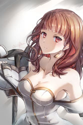 Rule 34 | 1girl, absurdres, unworn armor, artist name, bare shoulders, black gloves, breasts, celica (fire emblem), clear glass (mildmild1311), cleavage, collarbone, dress, earrings, fingerless gloves, fire emblem, fire emblem echoes: shadows of valentia, gloves, highres, jewelry, large breasts, long hair, looking at viewer, nintendo, off-shoulder dress, off shoulder, red eyes, red hair, signature, simple background, smile, solo, twitter username, upper body, white background, white dress