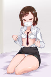 Rule 34 | 1girl, bang dream!, bare legs, bed sheet, black skirt, blush, bra, breasts, brown eyes, brown hair, clothes lift, collared shirt, frilled bra, frills, grey background, hazawa tsugumi, highres, jokarara, kneeling, long sleeves, looking at viewer, lying, mask, mouth mask, necktie, on stomach, open clothes, open shirt, opened by self, panties, pencil skirt, red necktie, shirt, short hair, sitting, skirt, skirt lift, small breasts, solo, surgical mask, swept bangs, thick thighs, thighs, underwear, white bra, white mask, white panties, white shirt, wing collar