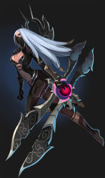Rule 34 | 1girl, alternate costume, artist request, blade, bodysuit, breasts, center opening, gloves, hip focus, irelia, large breasts, league of legends, long hair, mask, navel, nightblade irelia, red eyes, silver hair, solo, source request
