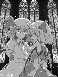 Rule 34 | 2girls, back bow, bat wings, bow, brooch, closed mouth, collared shirt, cowboy shot, flandre scarlet, frilled shirt, frilled shirt collar, frilled sleeves, frills, greyscale, hair between eyes, hat, highres, impossible clothes, indoors, jewelry, looking at another, medium hair, mob cap, monochrome, multiple girls, puffy short sleeves, puffy sleeves, remilia scarlet, shirt, short sleeves, skirt, sleeve ribbon, stained glass, sunatoshi, touhou, vest, wings