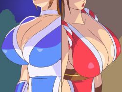 Rule 34 | 2girls, alternate breast size, animated, animated gif, arm guards, armor, black legwear, blue dress, bouncing breasts, braid, braided ponytail, breast focus, breasts, brown hair, choker, cleavage, collarbone, covered erect nipples, dead or alive, dead or alive 5, dress, eiden, fatal fury, female focus, head out of frame, huge breasts, kasumi (doa), multiple girls, ninja, no bra, pelvic curtain, ponytail, red dress, red lips, ribbon trim, shiranui mai, side-tie dress, sidelocks, thighs, trait connection, walking, white choker