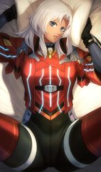 Rule 34 | 1girl, arm up, blue eyes, bodysuit, bodysuit under clothes, crotch seam, elma (xenoblade x), from above, gloves, glowing, glowing clothes, grabbing, grey hair, hand up, legs up, light smile, lips, long hair, long sleeves, looking at viewer, paid reward available, parted lips, pillow, pillow grab, solo, spread legs, tan, thighhighs, unknown showhey, vest, xenoblade chronicles (series), xenoblade chronicles x