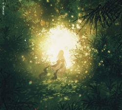 Rule 34 | 1girl, back bow, backlighting, black bow, bow, bush, commentary, dress, english commentary, green theme, lens flare, medium hair, original, outdoors, reinforced, river, signature, solo, tree, wading, white dress